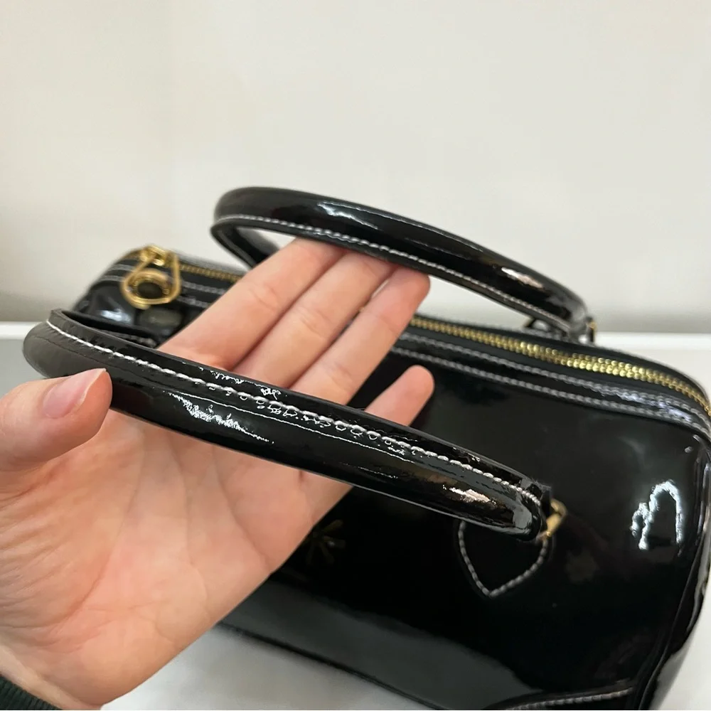 ISAAC MIZRAHI Black Patent Flower Boston Bag Satchel Tote